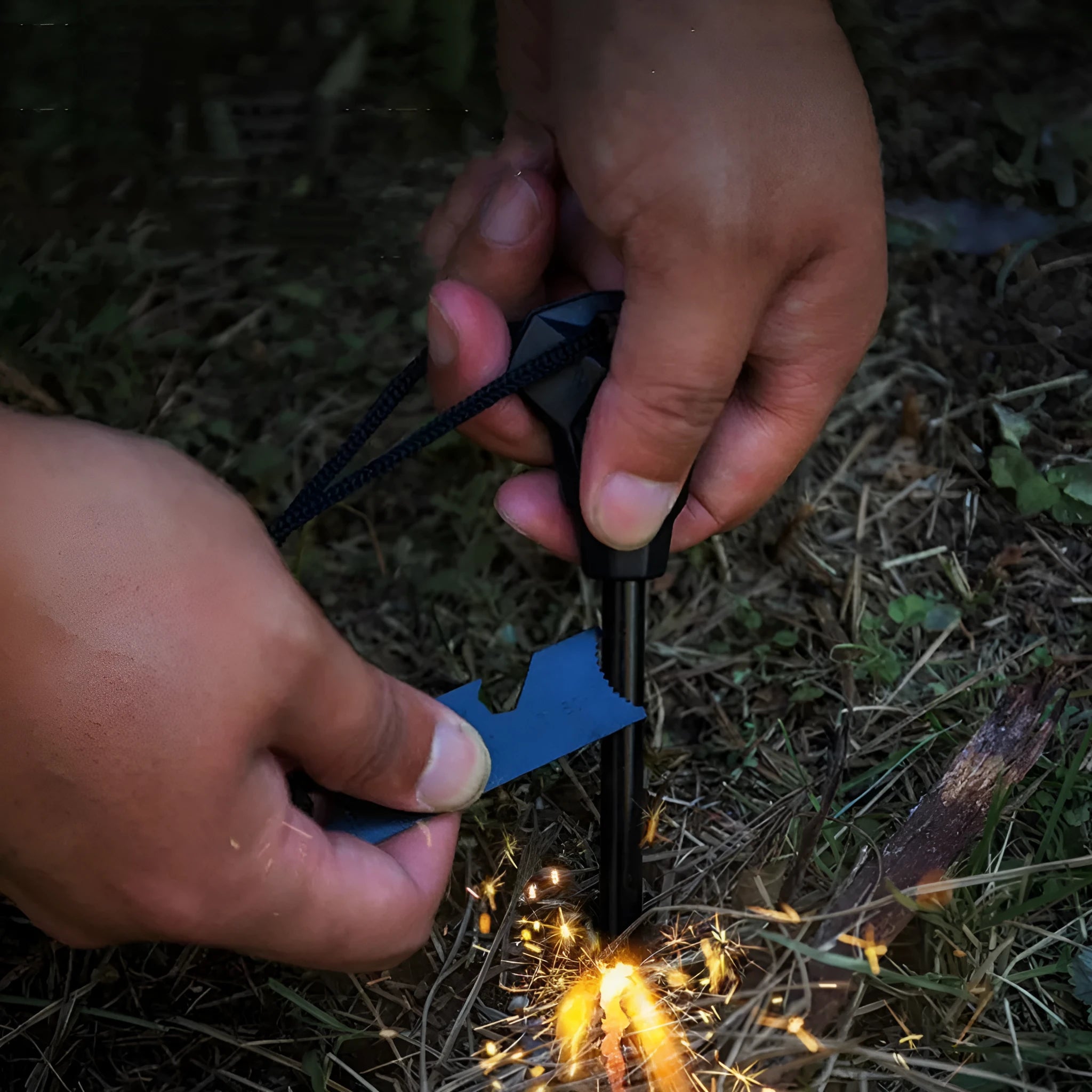 Black outdoor survival flint tool with magnesium rod, stainless steel scraper, whistle, and measurement scale.