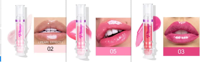 Tube of lip gloss showing shiny finish, available in six different colour shades.