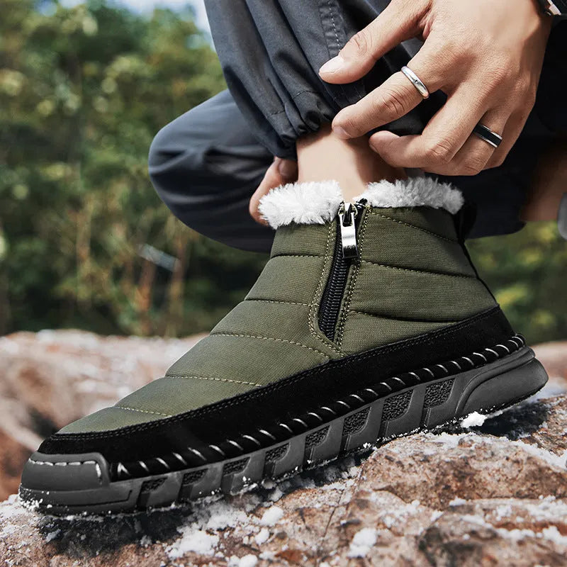 Men's plus size snow boots in black with round toe design and non-slip rubber sole