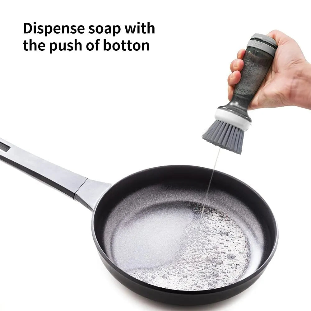 Pot scrub brush with soap dispenser in mint green colour with replaceable brush head