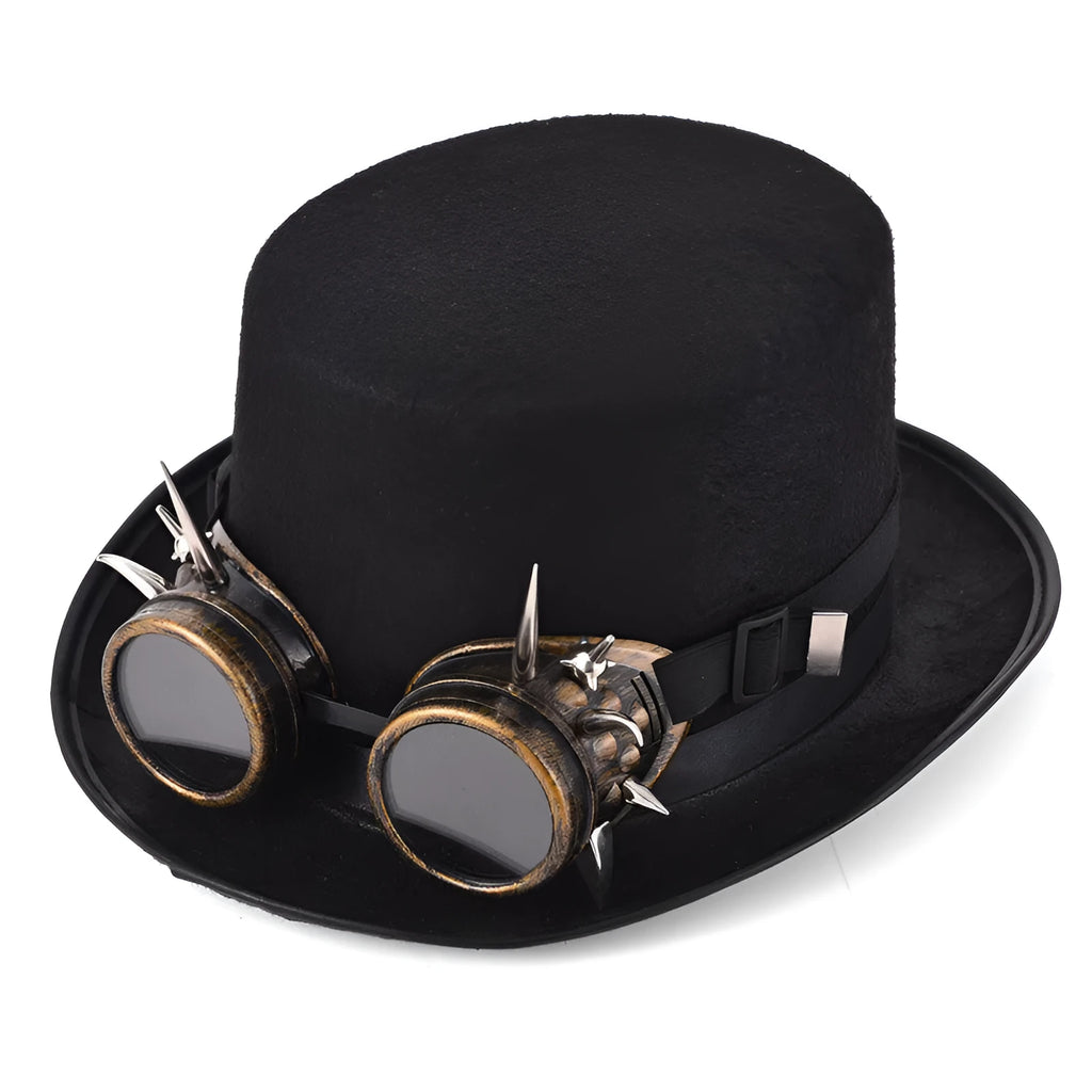 Black steampunk top hat with rivet glasses detail, made from wool and felt
