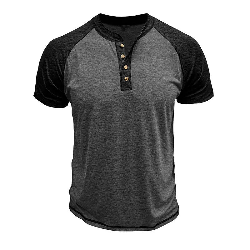Men's short sleeve colour block pullover top with raglan sleeves on a mannequin.