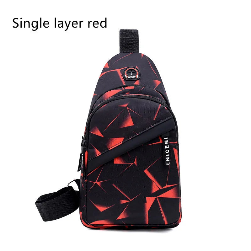 Print sling chest bag with earphone hole design in Oxford cloth, showing zipper opening and square vertical shape