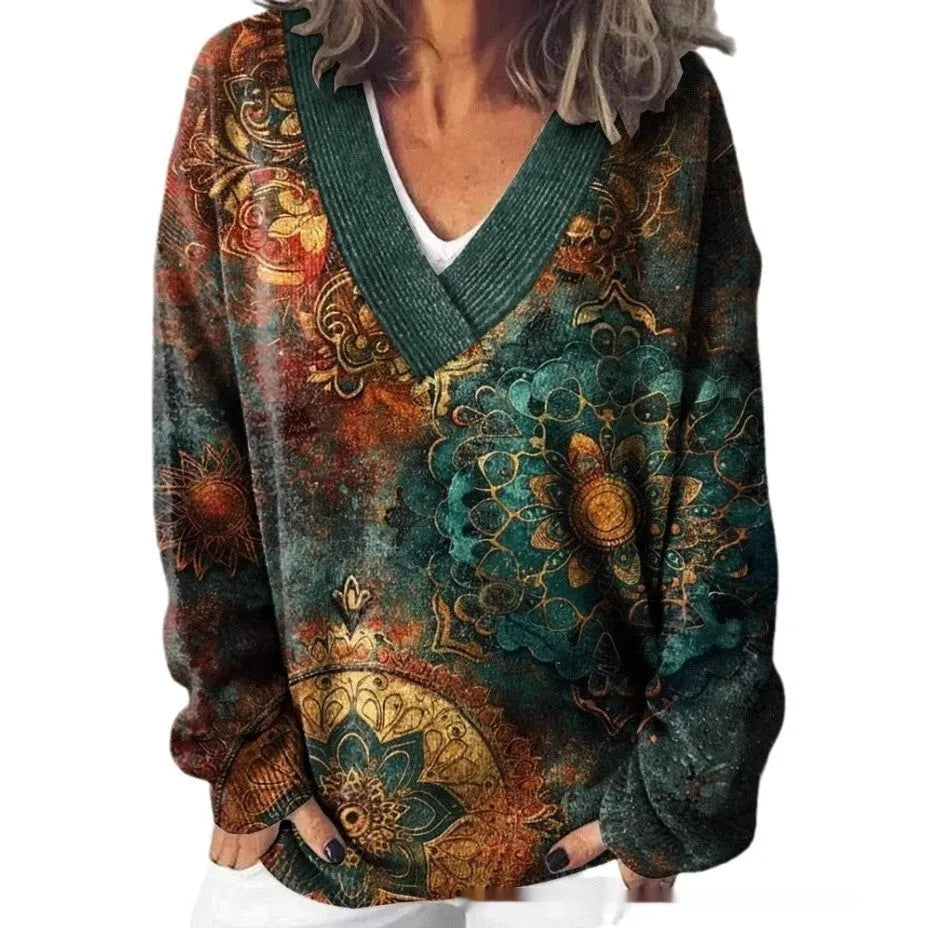 Women's floral pattern printed V-neck sweatshirt with 3D effect and long sleeves in colour E073