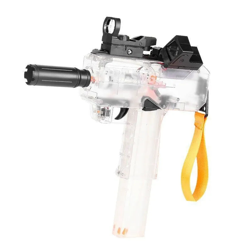 Uzi Electric Burst Water Gun toy in blue with transparent body and tactical sights