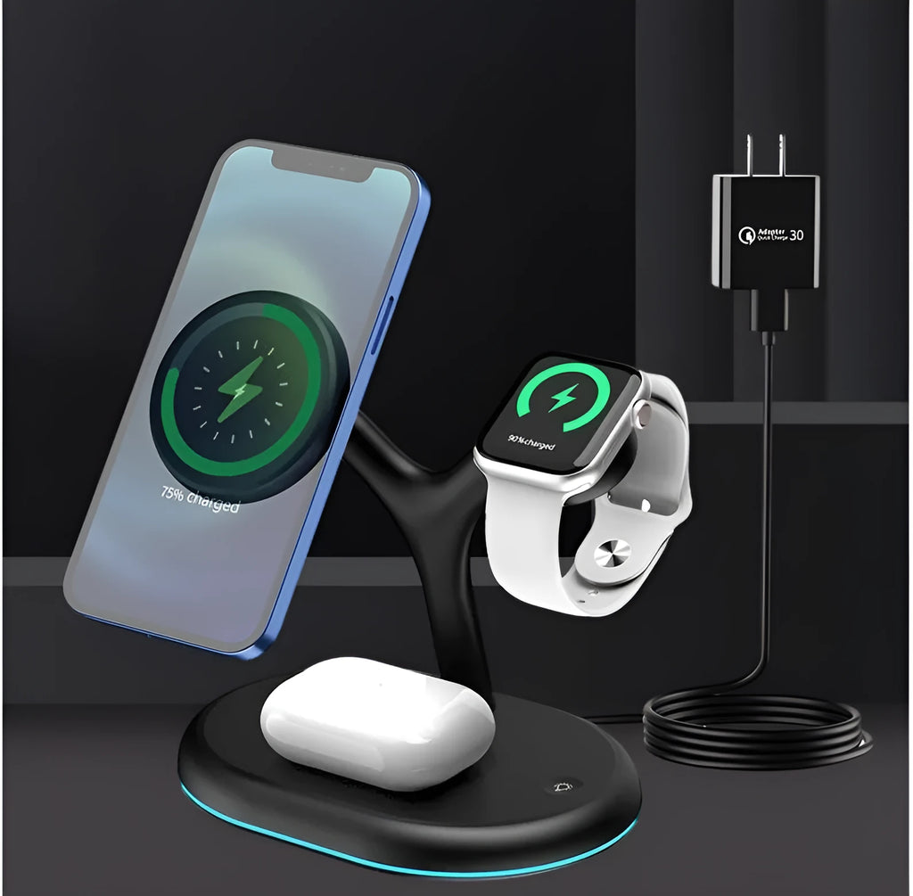 Black magnetic three-in-one 15W fast wireless charging stand with vertical orientation for desktop phone charging