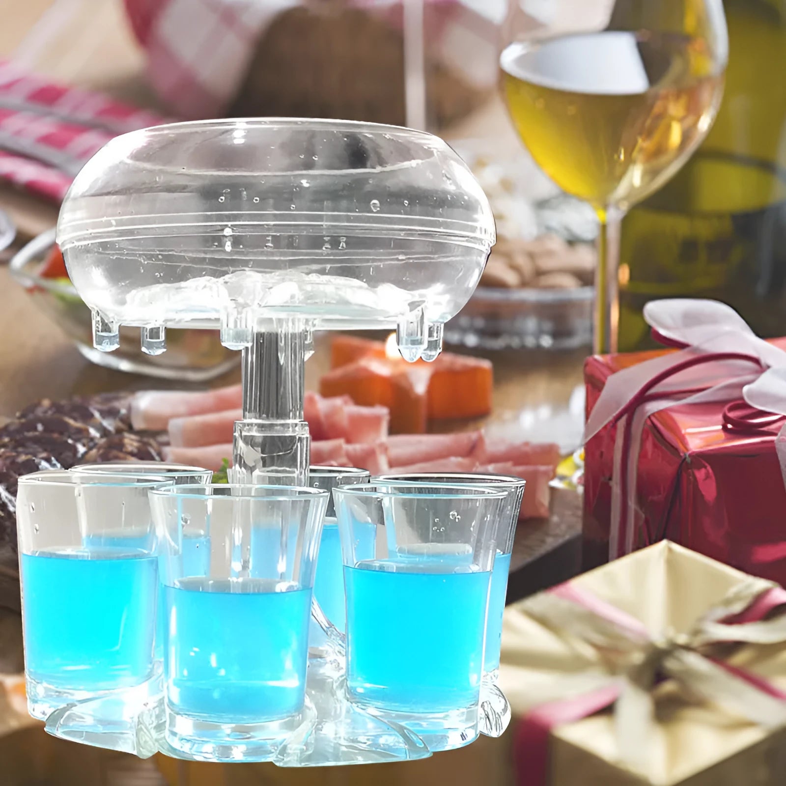 Clear PMMA 6-shot glass dispenser holder with rack and six cups on a table.