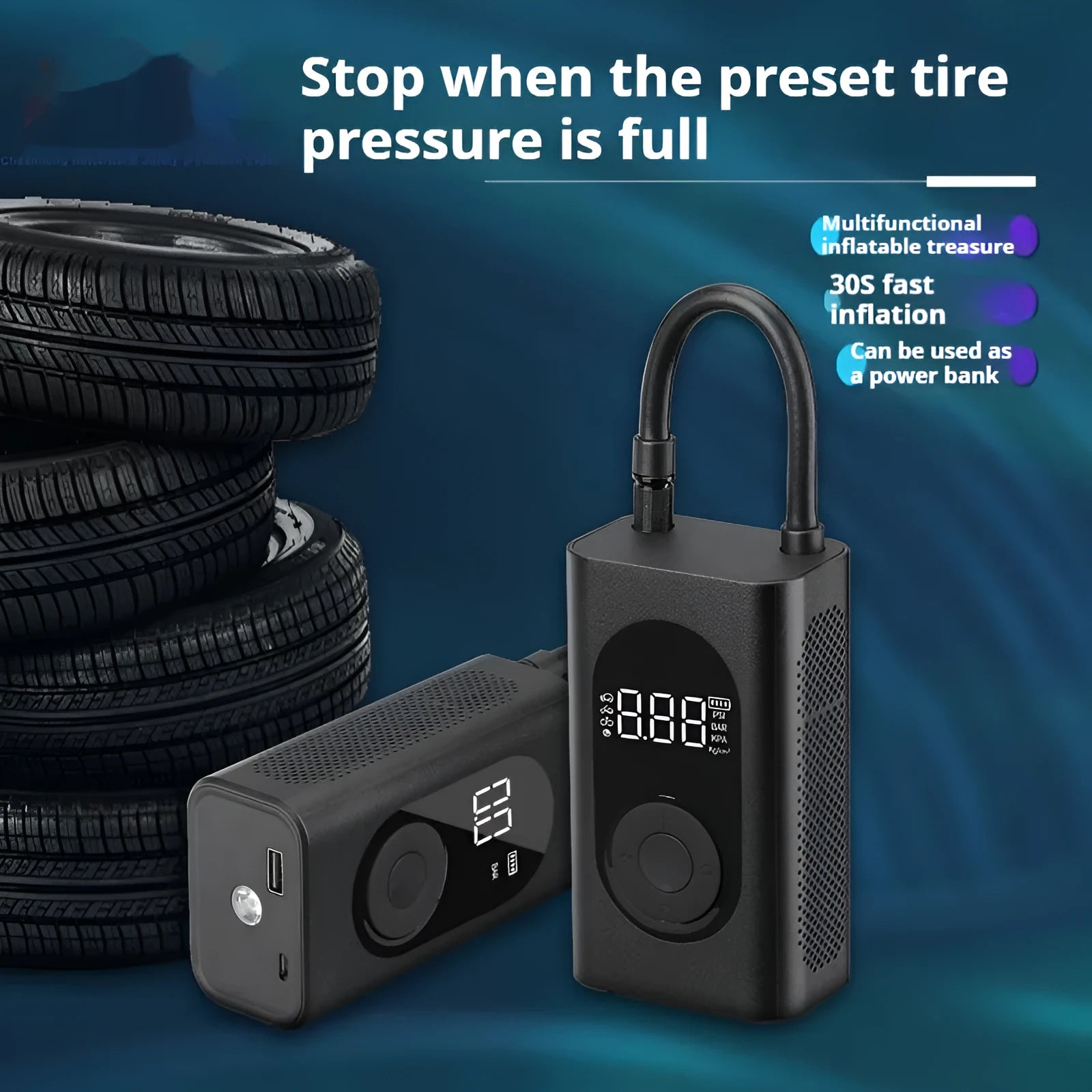 Portable wireless tyre inflator with ABS PC construction and power bank flashlight