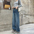 A pair of women's high waist straight leg jeans in retro blue cotton denim.