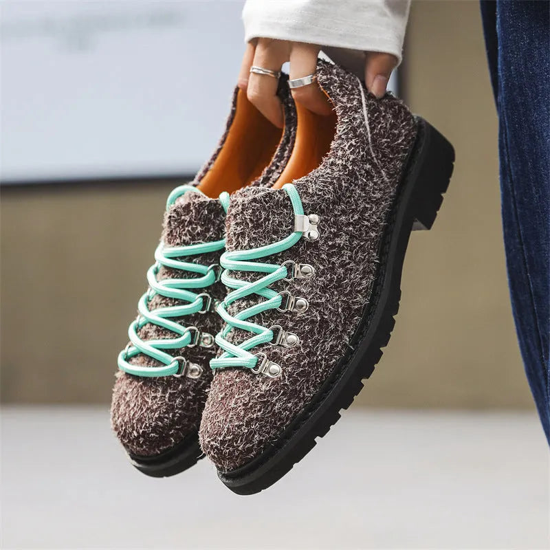 Heighten casual leather shoes British style retro workwear cowhide matte leather round toe solid colour brown men's footwear