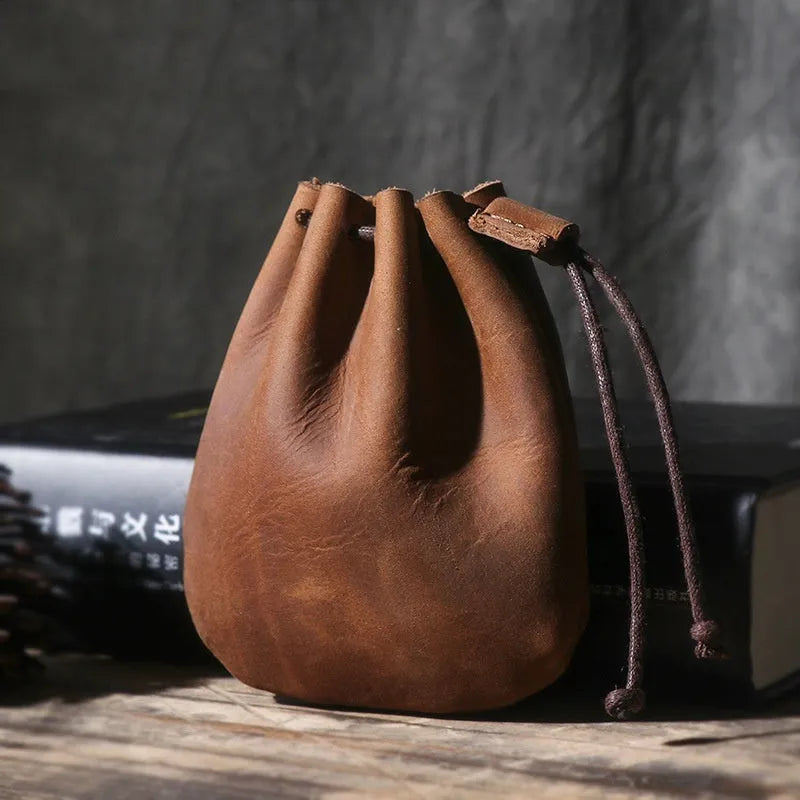 Vintage cowhide leather drawstring wallet in retro style showing two size options