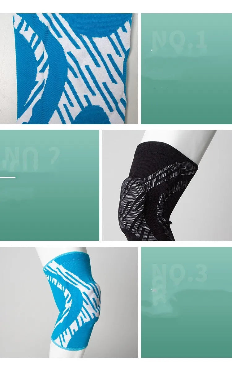 Men's black nylon basketball knee pad shown on a leg, sized for sport.