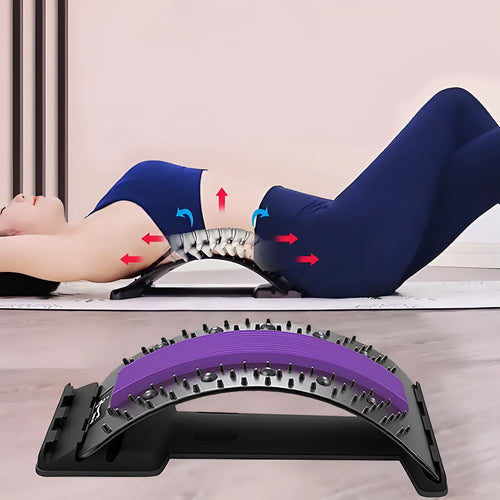 A black back massager and stretcher device with plastic pins and magnetic points on an adjustable frame.