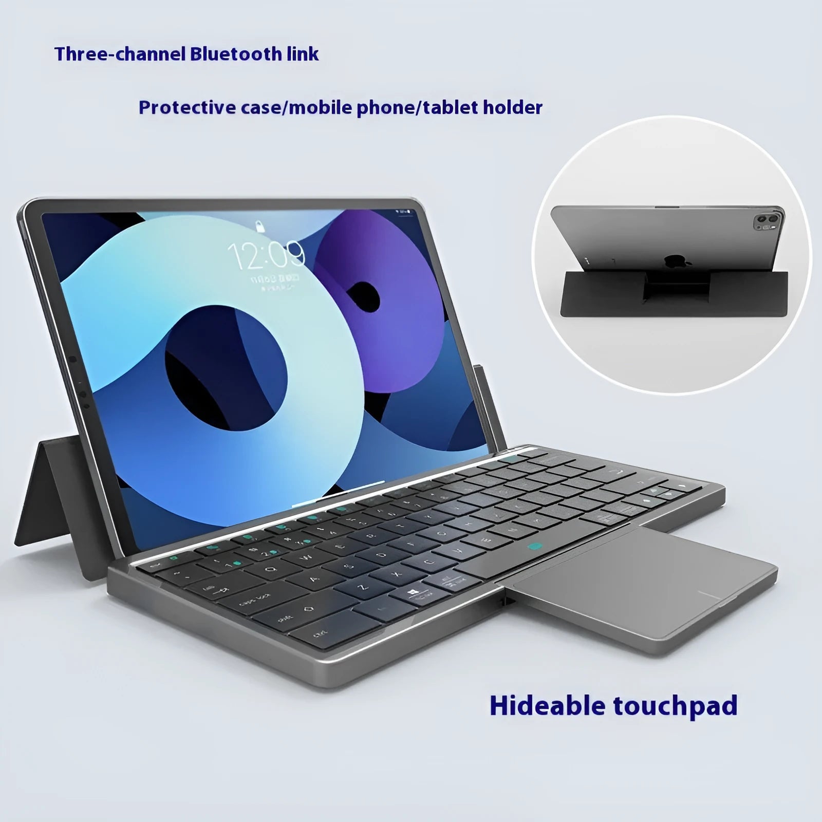 Three-in-one Bluetooth keyboard with touch pad in leather sheath stand for tablets and mobile phones