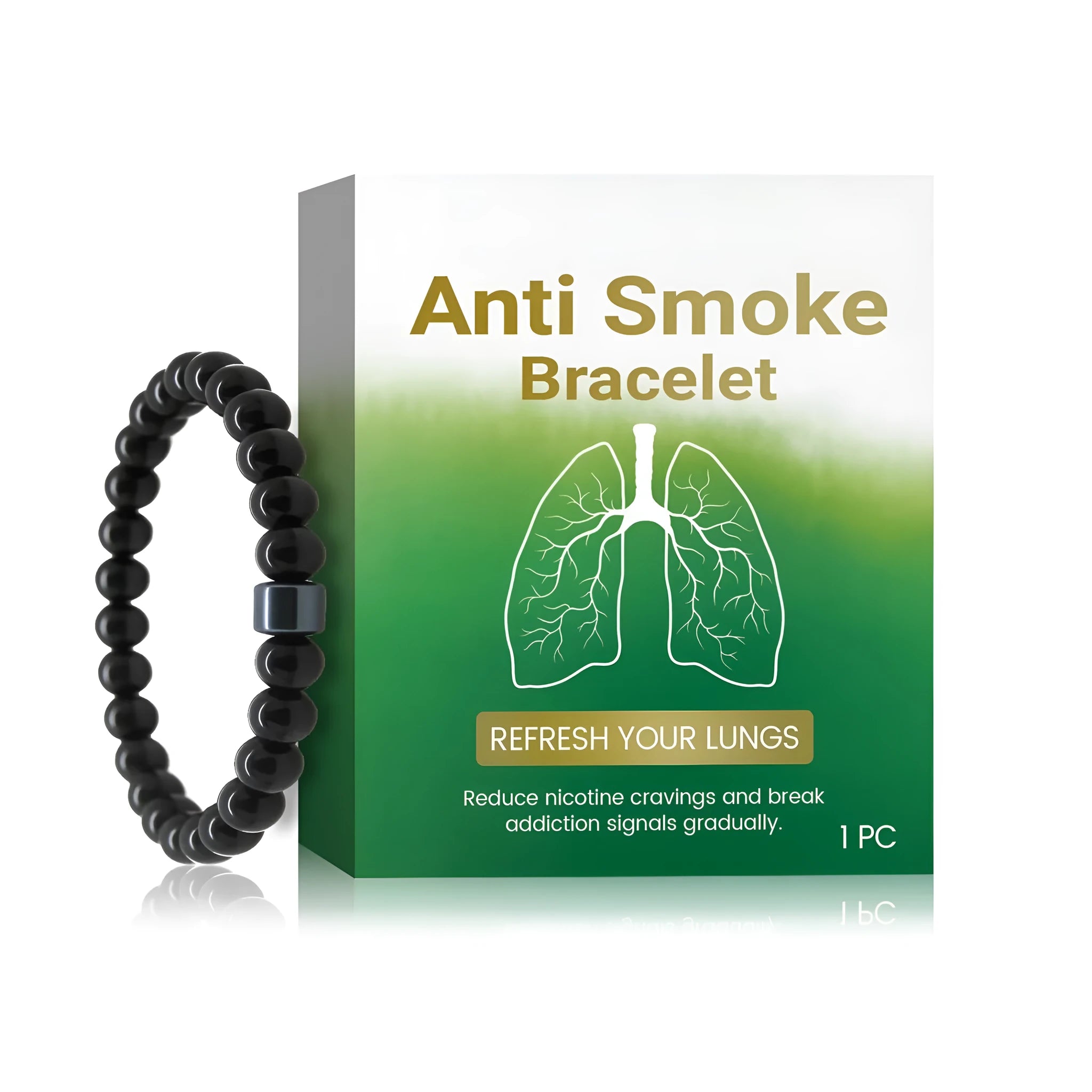Men's black gallstone and glass smoking prevention bracelet on adjustable silicone band