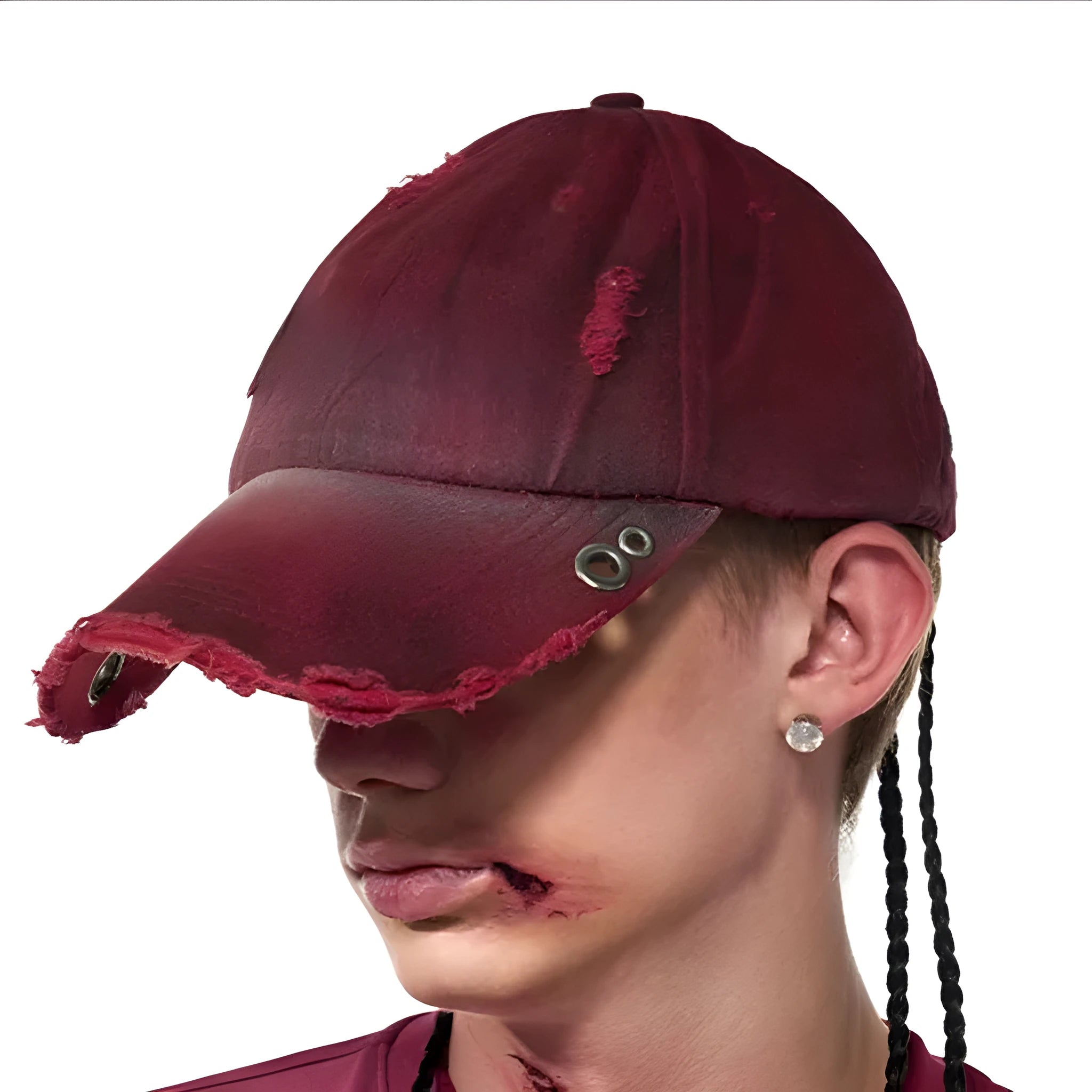 Rose red cotton peaked cap with adjustable strap and spray dirty old vintage design.