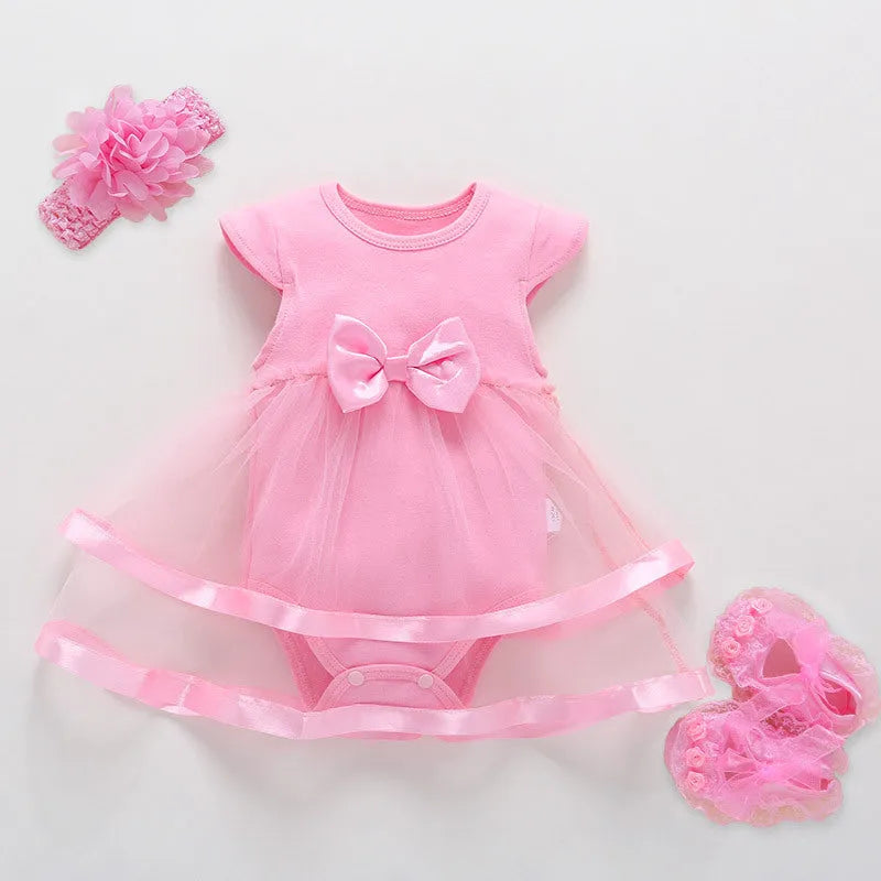 Baby girl cotton lace princess dress with pleated skirt, matching shoes and hairband in pink, red or white