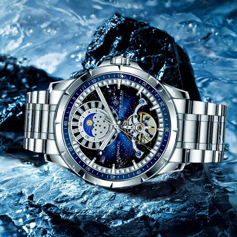 Men's silver alloy automatic mechanical watch with blue dial and stainless steel strap
