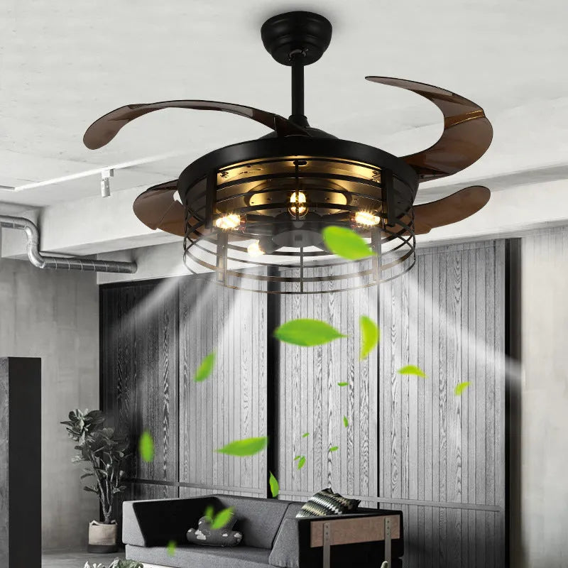 American retro industrial ceiling fan lamp with invisible acrylic blades and remote control