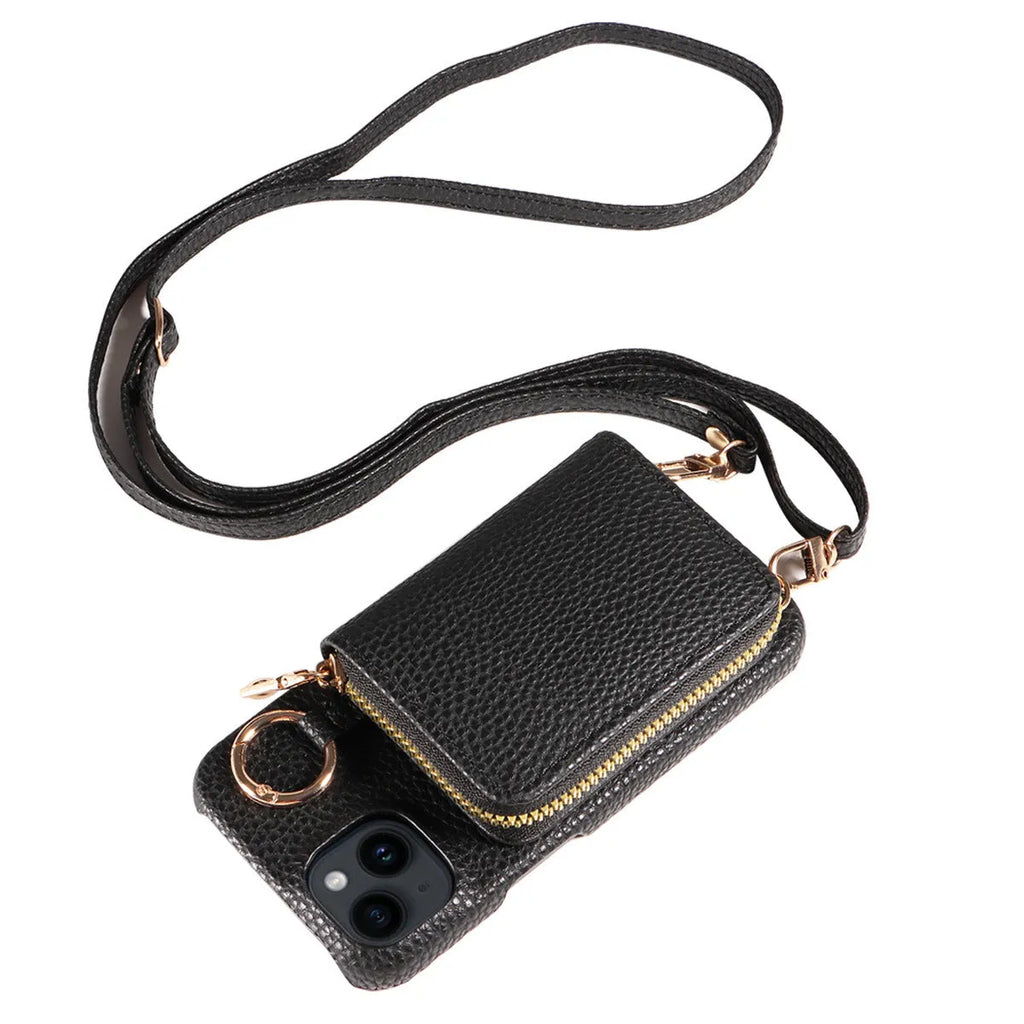 Imitation leather wallet phone case with card slots and crossbody strap, black colour, for iPhone 16 Pro Max