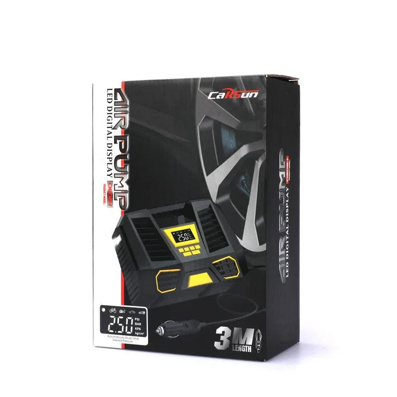 Carsun 100W 12V car air pump with digital display and 3m power cable on a garage floor