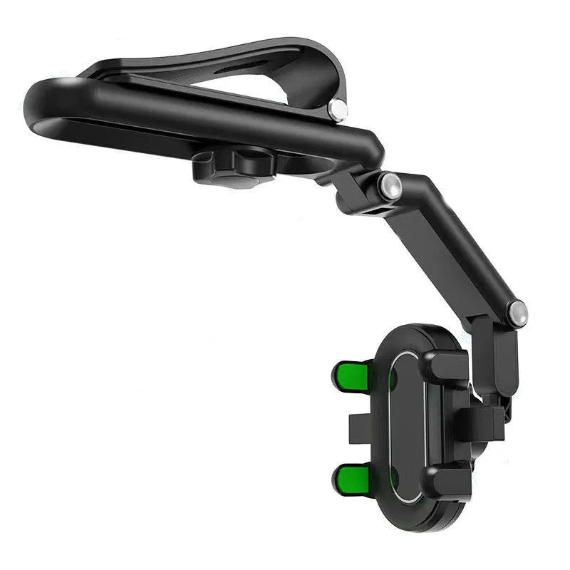 Black and green car mount sun visor with buckle-type attachment for rear seat passenger shading.