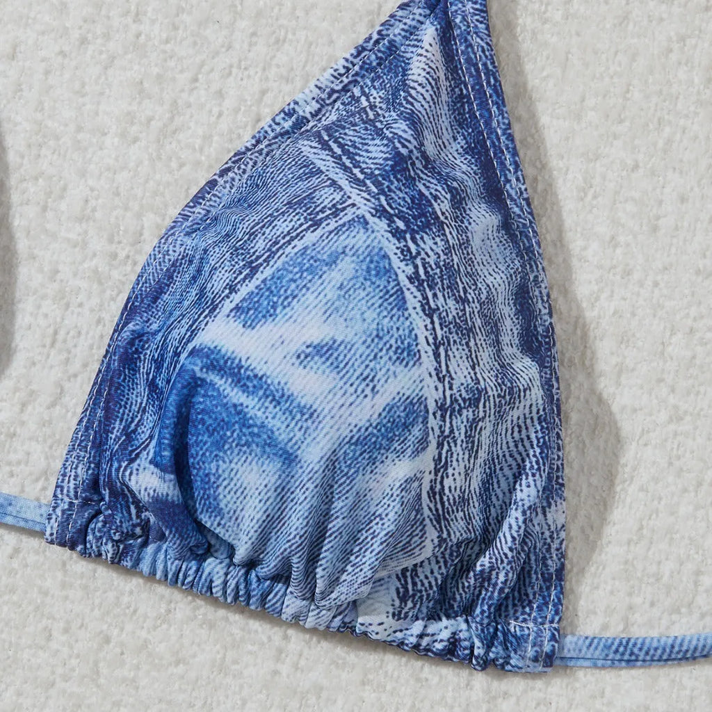 Women's denim blue printed bikini set with strappy design, two-piece swimwear for beach and pool