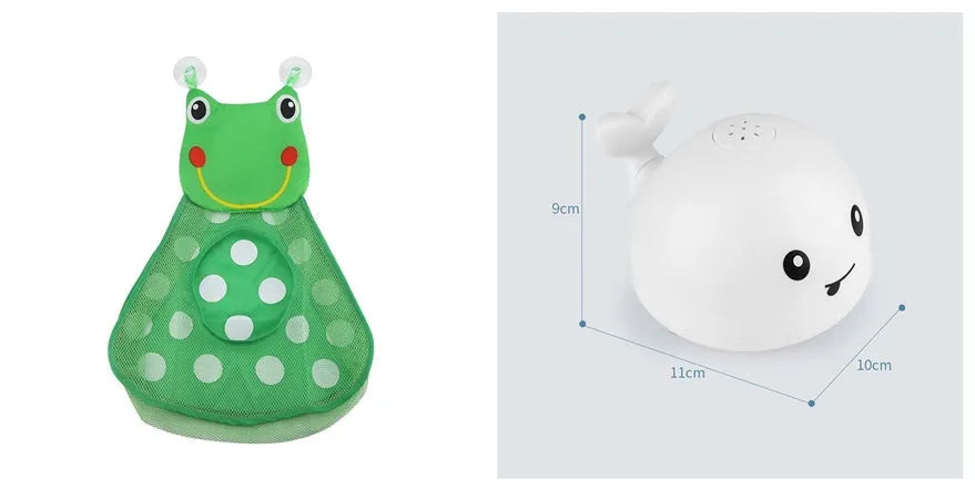 White and blue whale-shaped bath toy spraying water with LED lights on, floating in a baby bath
