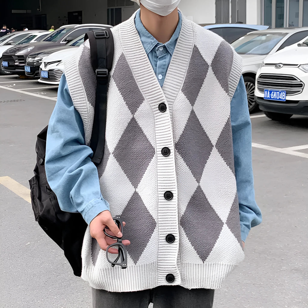 Men's V-neck cardigan sweater vest in solid colour, loose fit, sleeveless, spring autumn leisure wear