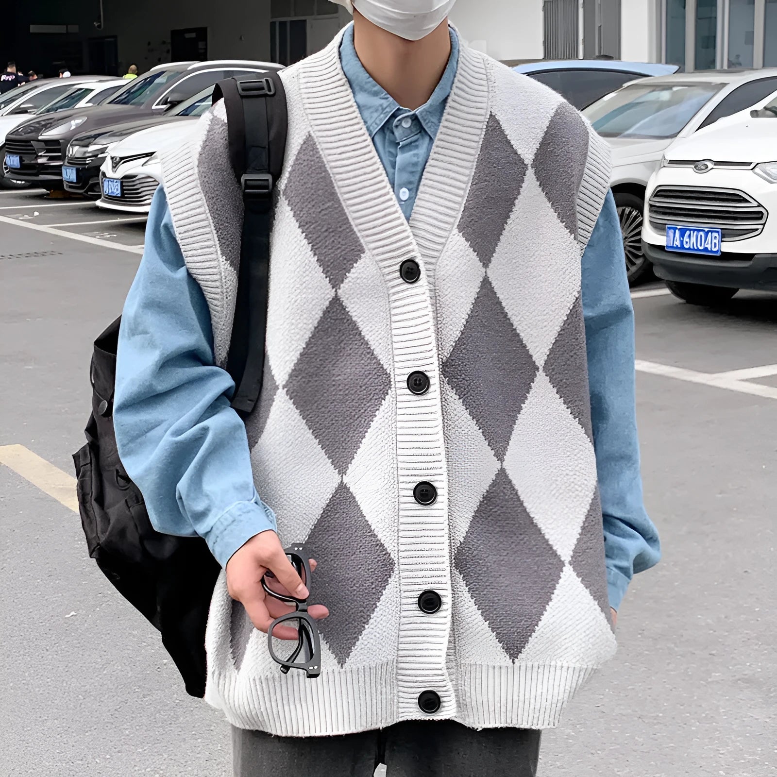 Men's V-neck cardigan sweater vest in solid colour, loose fit, sleeveless, spring autumn leisure wear