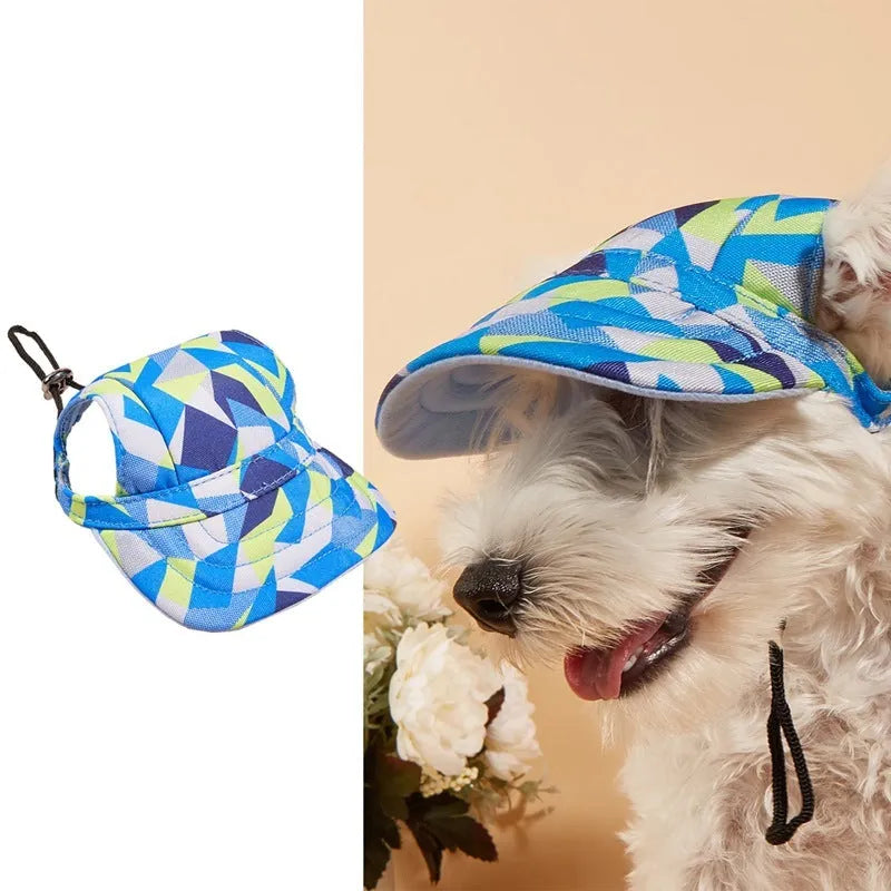 Pet baseball cap made of canvas with adjustable sizing, shown in a plaid pattern for sun protection