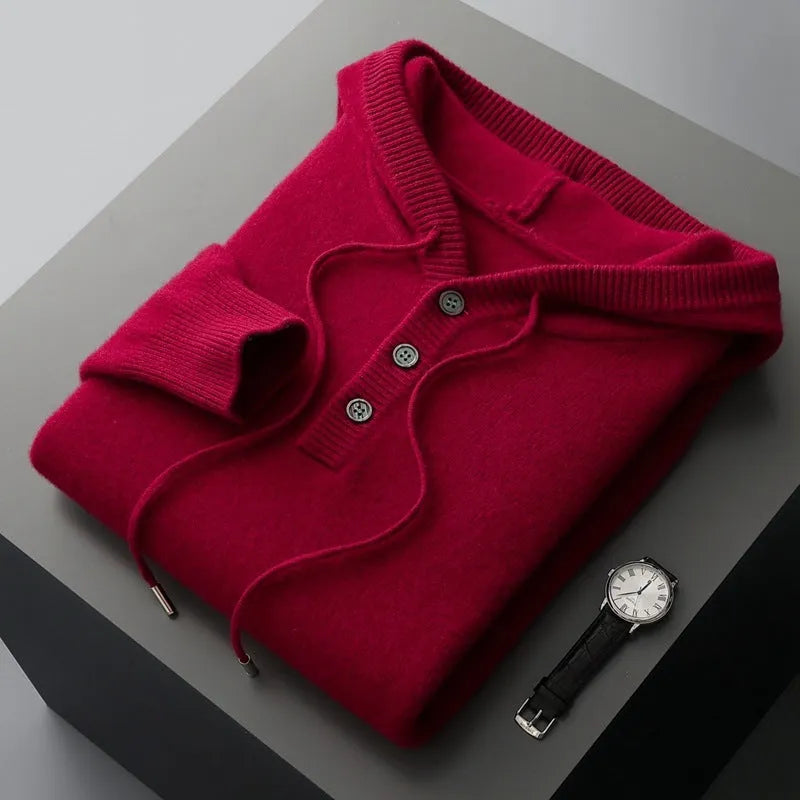 Men's American-style warm button hoodie sweater pullover in light camel, loose fit, standard wool yarn