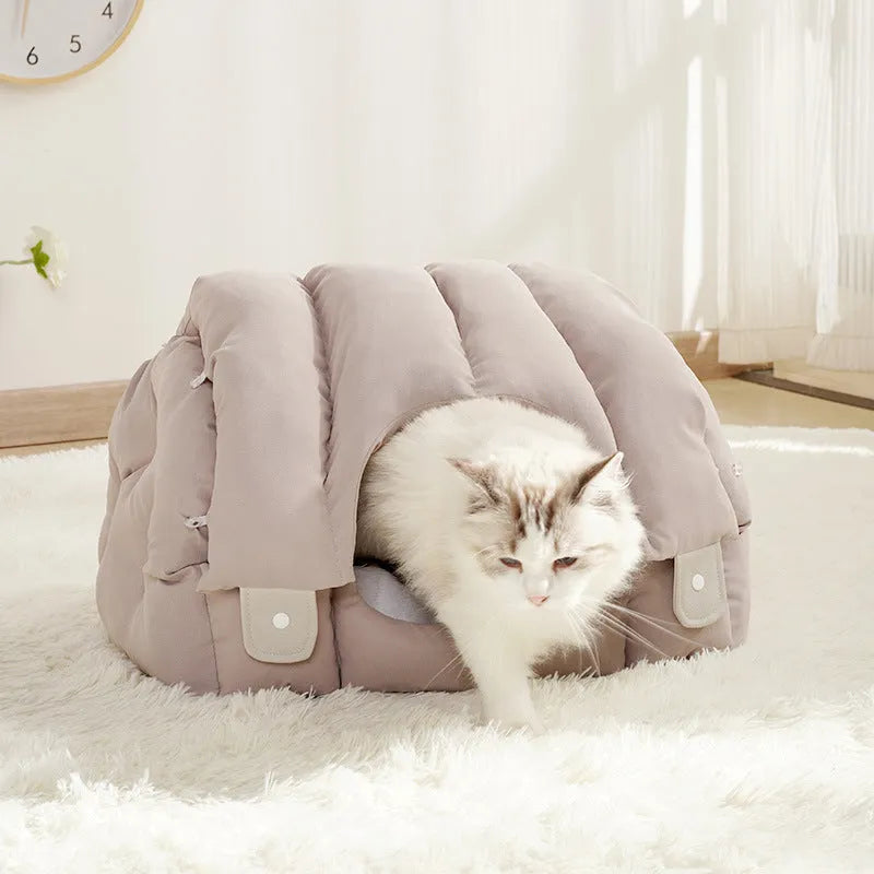 Grey arched cat nest showing both enclosed and sofa configurations for cats and dogs