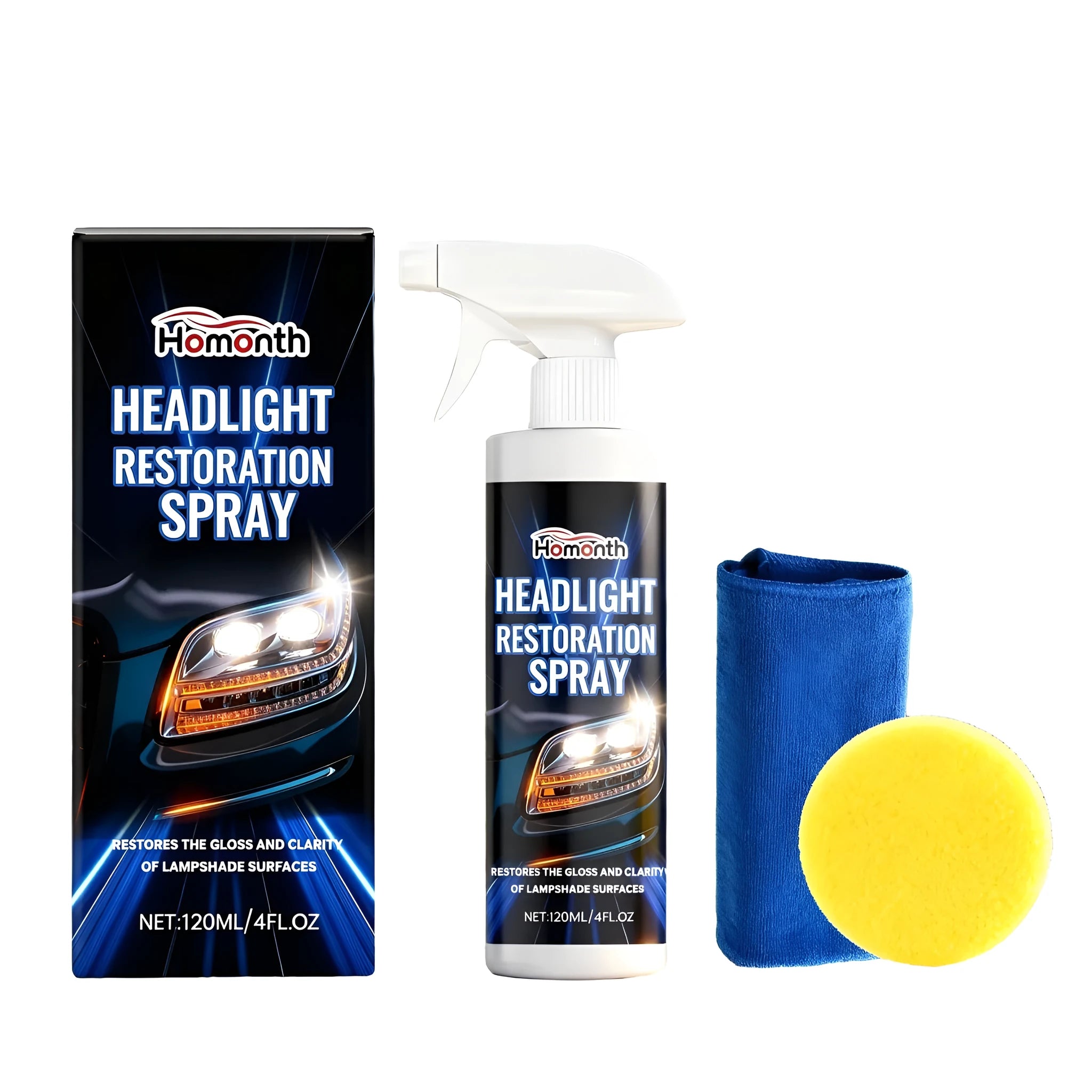 HOMONTH 120ml headlight restoration spray bottle with sponge and cloth on a blue background