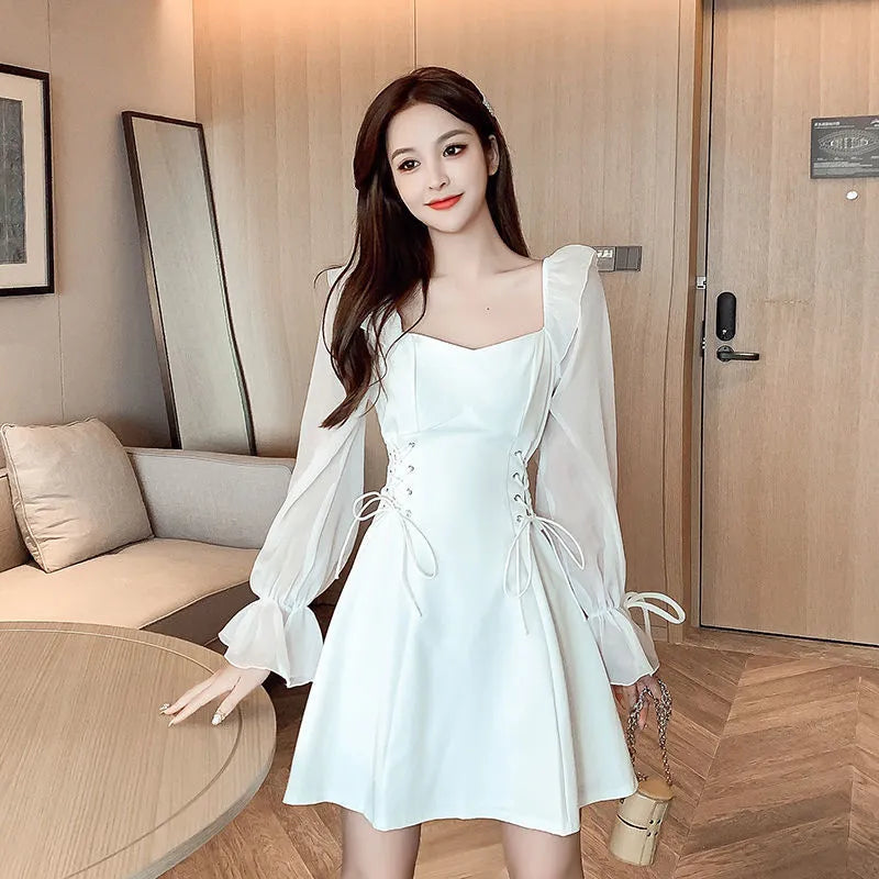 White chiffon patchwork waist-slimming long dress for women with long sleeves