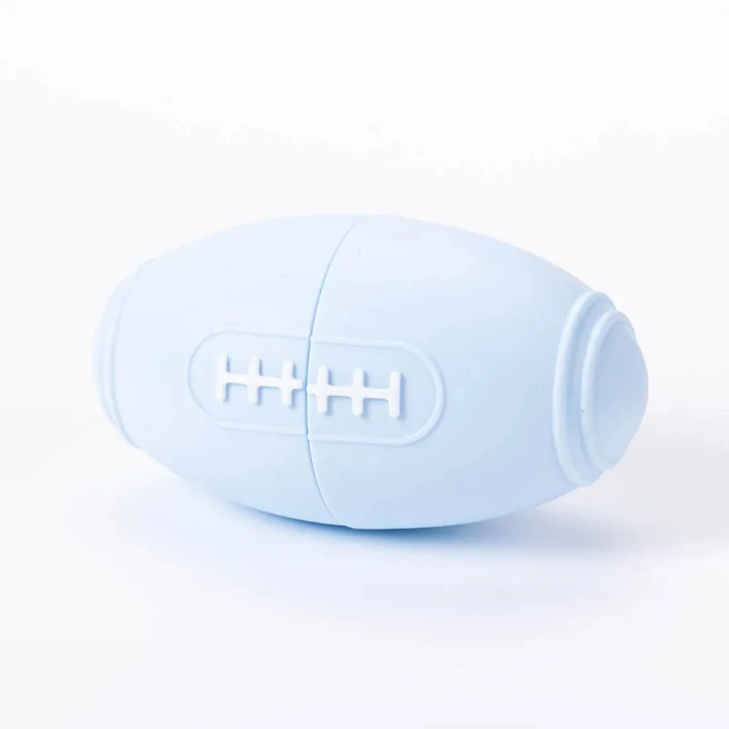 Silicone rugby-shaped dog tug toy in blue colour for interactive play and chewing