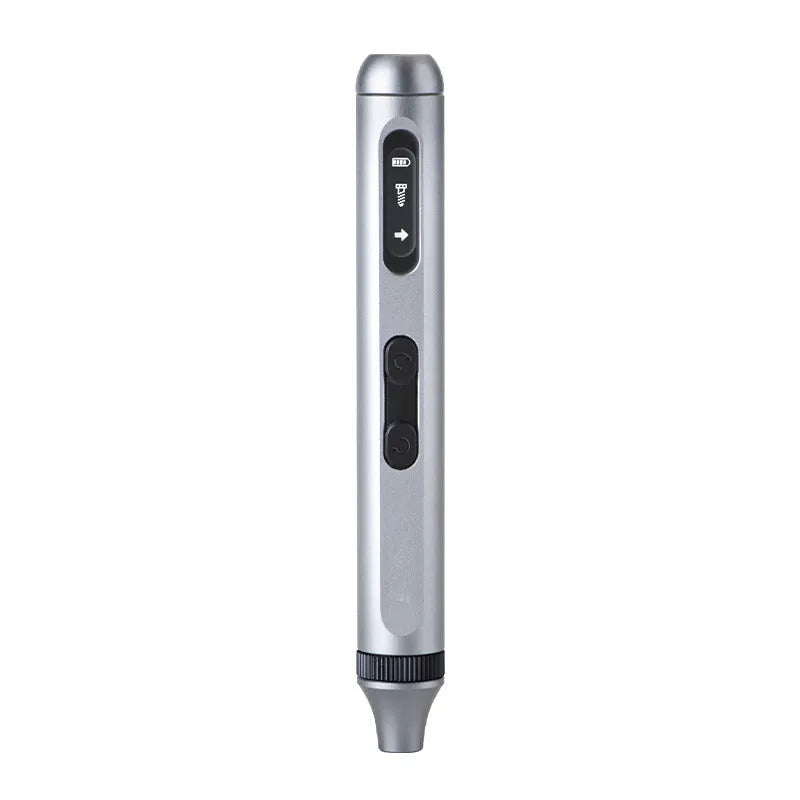 Compact aluminium alloy electric screwdriver with high torque, shown with its bits.
