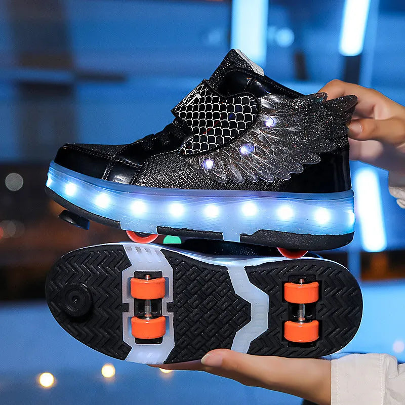 Children's double-wheel LED luminous rollerskate in black with glowing wheels, side view.