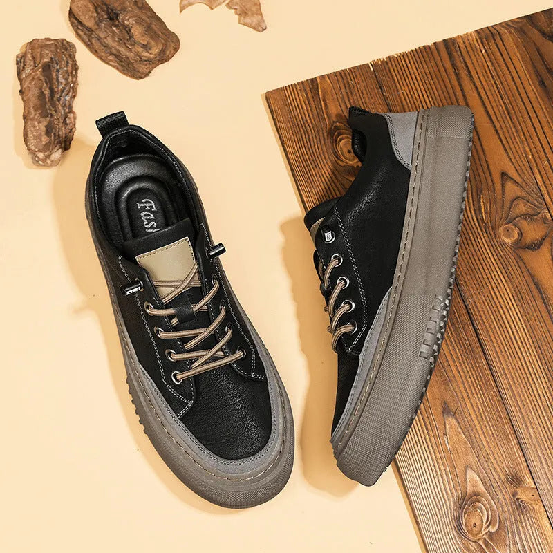 Men's black round toe leather board shoes with lace-up front and rubber sole