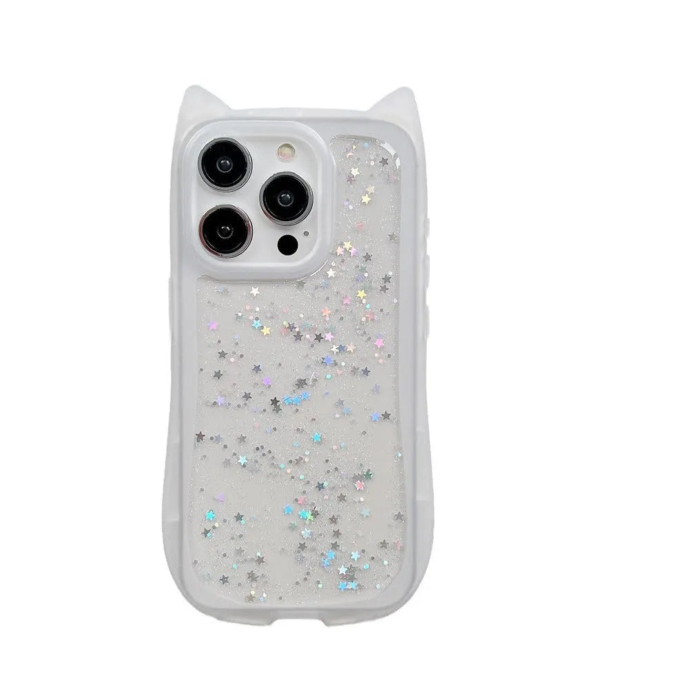 Three-dimensional cat ears epoxy glitter TPU phone case for Apple iPhone in pink with glitter accents