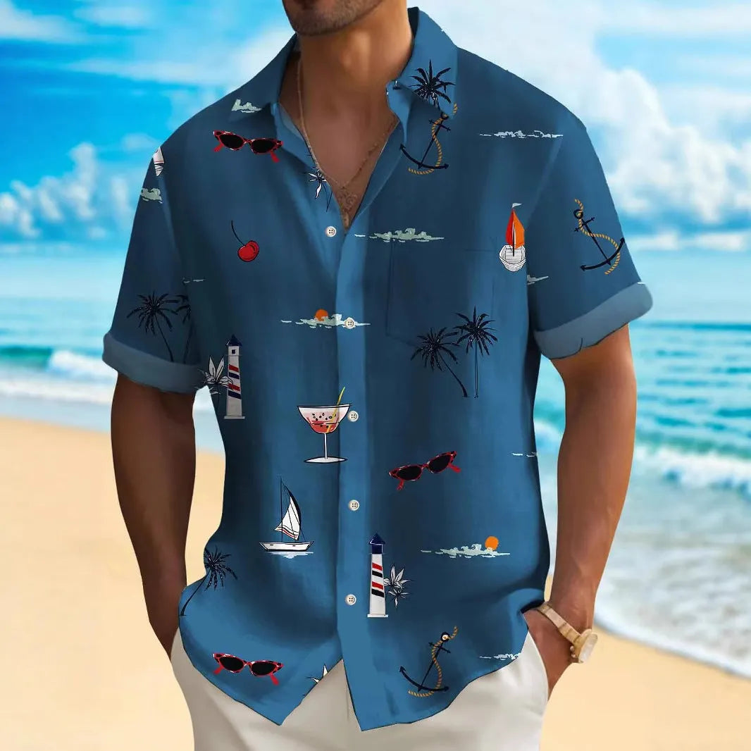 Men's loose-fit digital print Hawaiian shirt in polyester on a hanger.