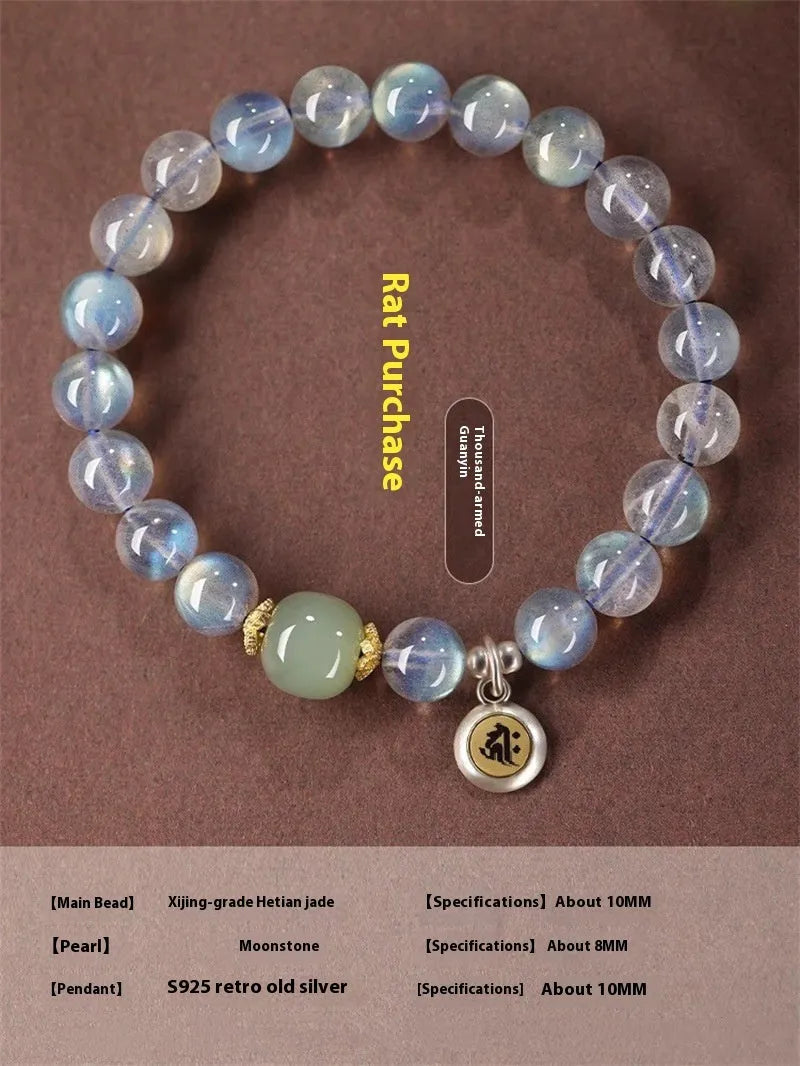 Moonstone crystal bracelet with 8mm beads showing Thousand-Hand Kwan-yin mouse design