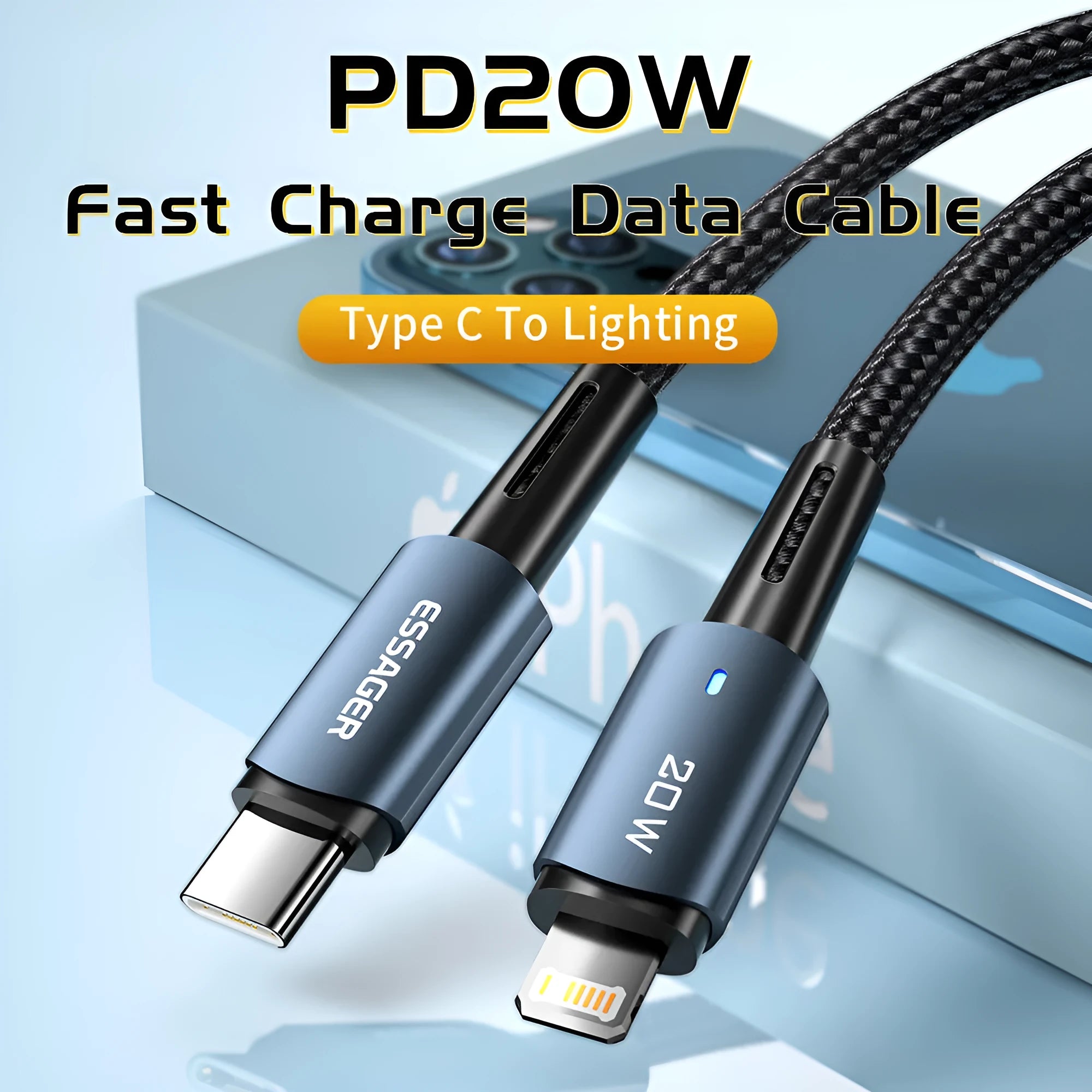 USB-C to USB-C fast charging cable with aluminum alloy connectors and coloured indicator light, available in multiple lengths.