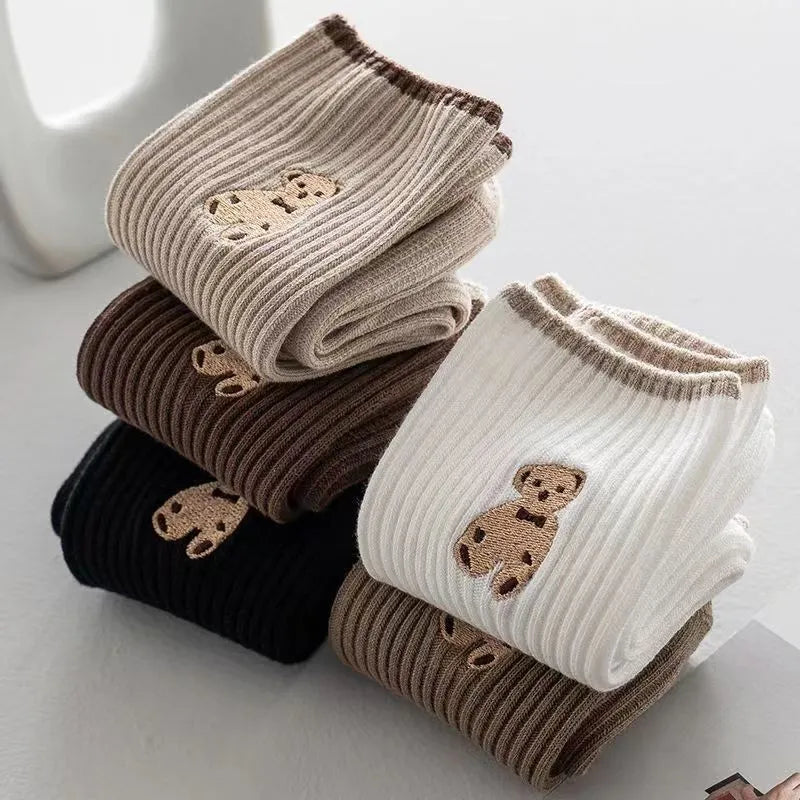 Women's mid-calf retro bear jacquard stack socks in white beige or brown, Japanese school style