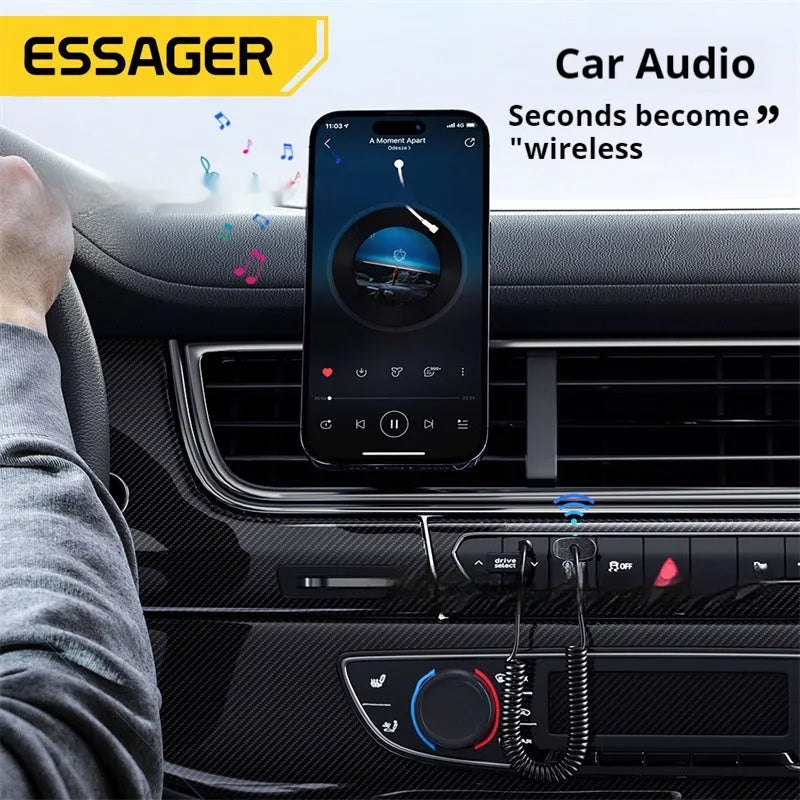 ESSAGER Shadow Arc Bluetooth 5.0 audio receiver in black with TPE spring wire and gold-plated 3.5mm plug