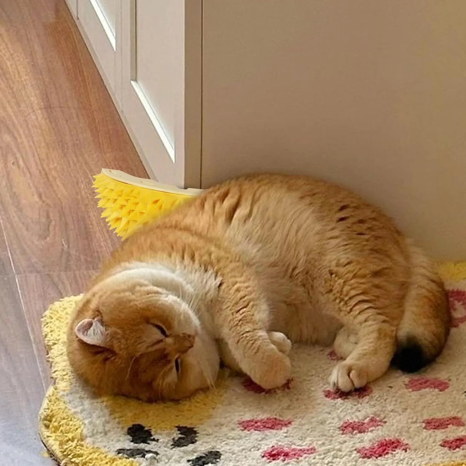 Yellow durian-shaped cat corner scratcher with massage comb and catnip for indoor cats