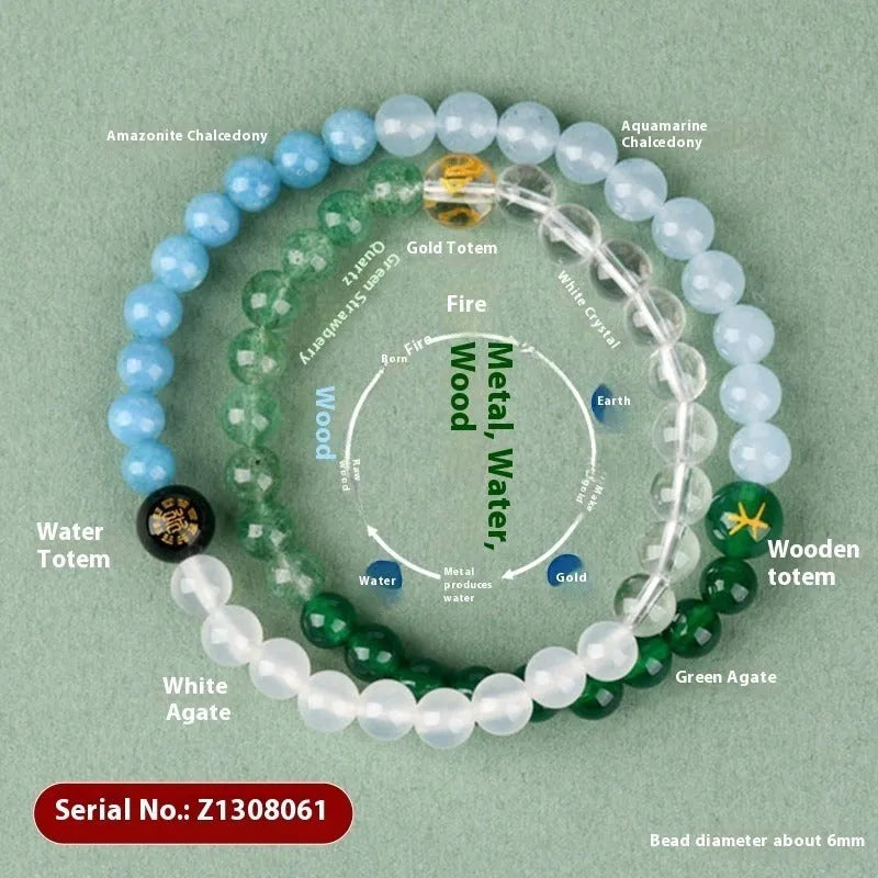Handmade women's crystal double ring bracelet in five elements colours on a wrist.
