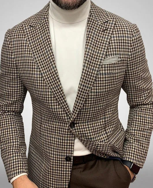 Men's black slim fit two-button suit jacket with large top-stitch pockets