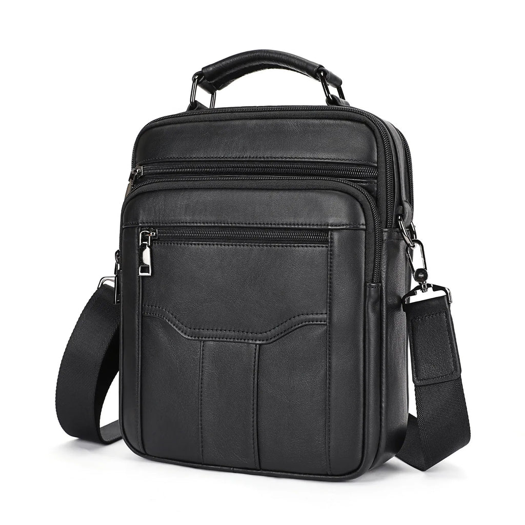 Men's genuine leather messenger bag in black with visible sewing line details and shoulder strap