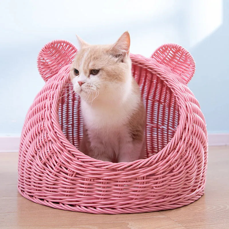 Semi-enclosed hand-knitted imitation rattan cat house with bear ear top in beige
